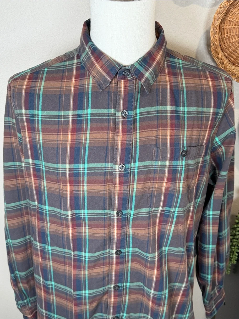 Mens The North Face Button Up Shirt Blue Brown Turquoise Plaid Size X-Large